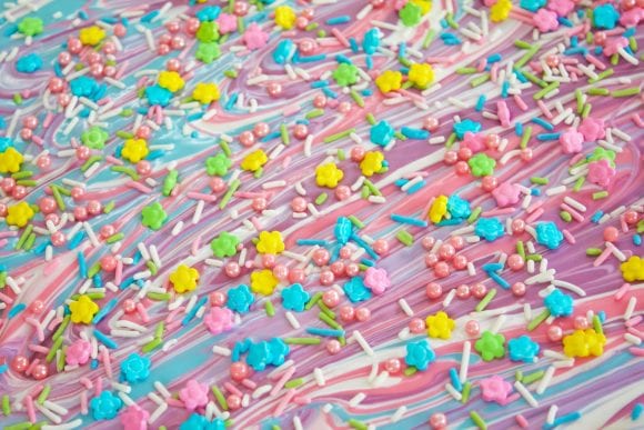 Sprinkles added on the swirled candy melts | CatchMyParty.com