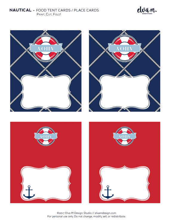 Free nautical birthday and baby shower tented card printables