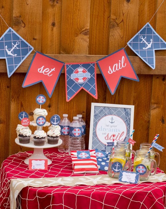 Dessert table with Free nautical birthday and baby shower party printables