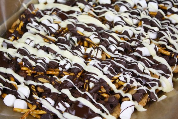 Drizzled Melted Choco Bars Over the Smores Snacks Mix | CatchMyParty.com