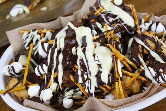 S'mores Snacks Mix Served on a Plate Drizzled | CatchMyParty.com