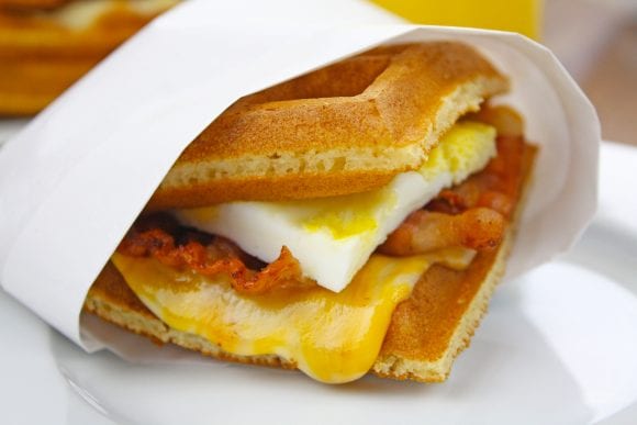 Cheesy waffle breakfast sandwich | CatchMyParty.com