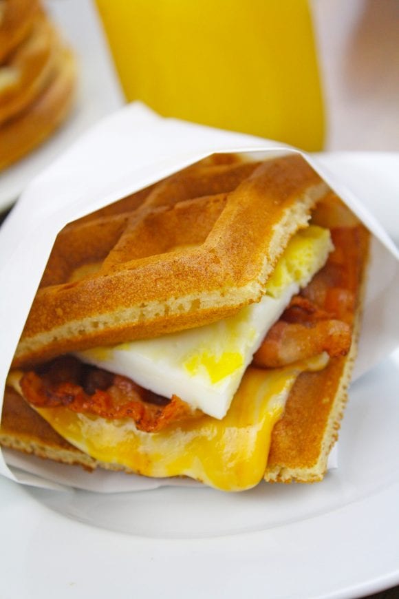 Cheesy waffle breakfast sandwich | CatchMyParty.com