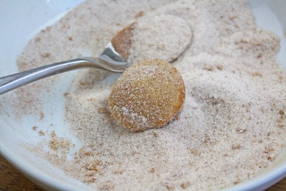 Rolled the donut holes in cinnamon mixture | CatchMyParty.com
