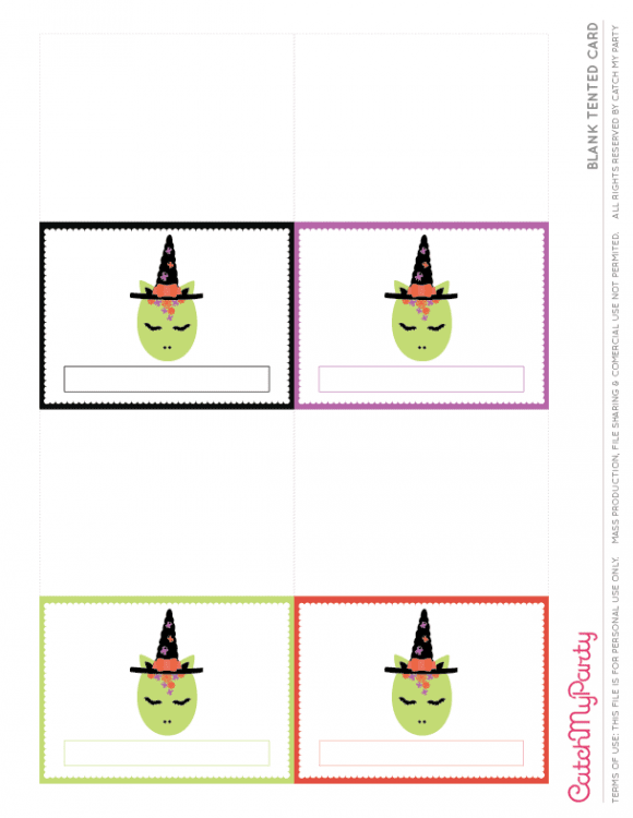 Free Unicorn Halloween Party Printables - Blank Tented Cards | CatchMyParty.com