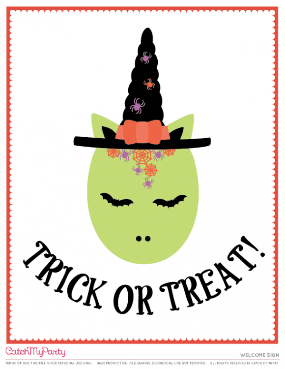 Free Unicorn Halloween Party Printables - Trick or Treat Sign | CatchMyParty.com