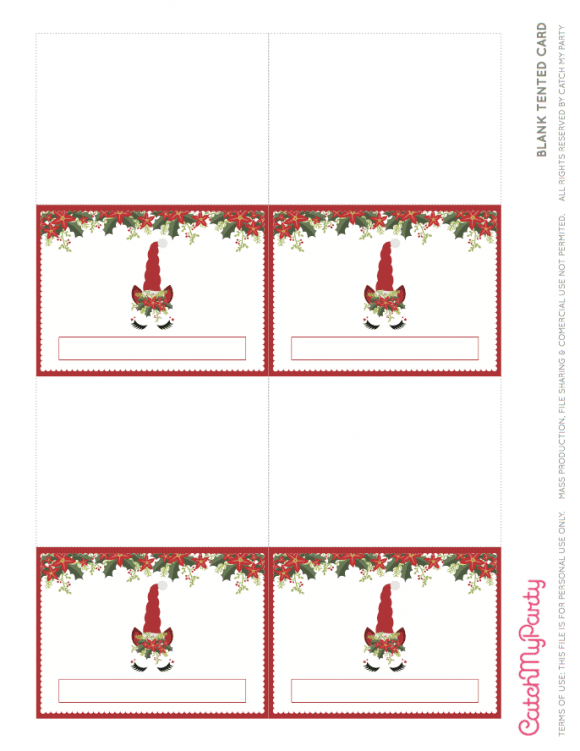 Free Unicorn Christmas Party Printables - Blank Tented Cards | CatchMyParty.com