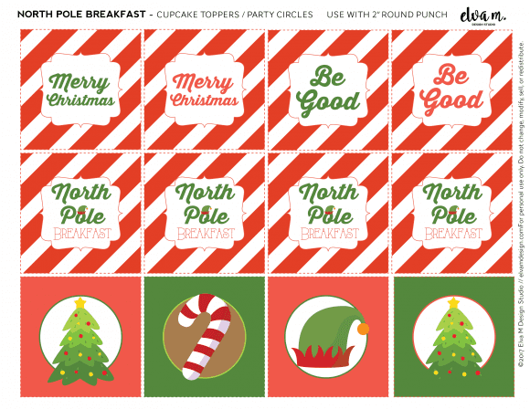 Elf on the Shelf North Pole Breakfast Free Printables - Elf on the Shelf cupcake toppers/party circles