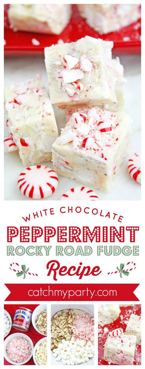 White Chocolate Peppermint Rocky Road Fudge Recipe | CatchMyParty.com