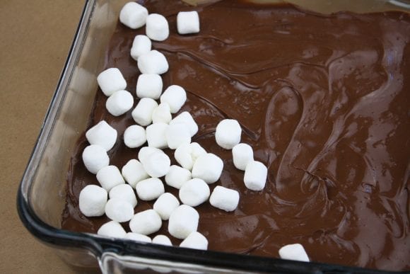 Sprinkle mini marshmallows on top of the warm fudge | CatchMyParty.com