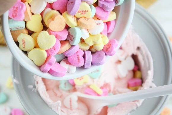 Fold in 1 cup of conversation hearts | CatchMyParty.com