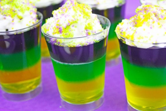 Mardi Gras Jello Topped with Whipped Cream | CatchMyParty.com