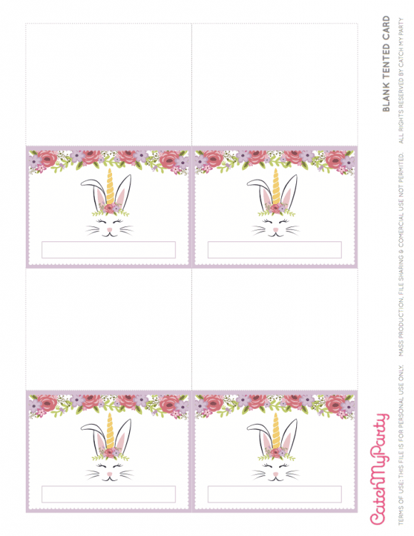 Free Easter Bunny Unicorn Party Printables - Blank Tented Cards | CatchMyParty.com