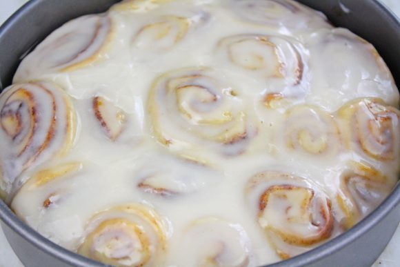 Cinnamon rolls topped with icing | CatchMyParty.com