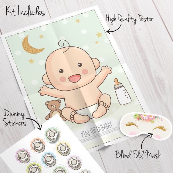 Baby shower party game supplies - Pin the Dummy | CatchMyParty.com