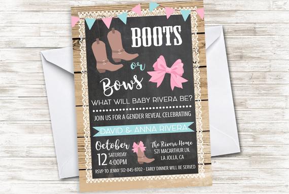 Boots or Bows Gender Reveal Baby Shower Invitation | CatchMyParty.com