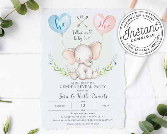 Elephant Gender Reveal Baby Shower Invitation | CatchMyParty.com