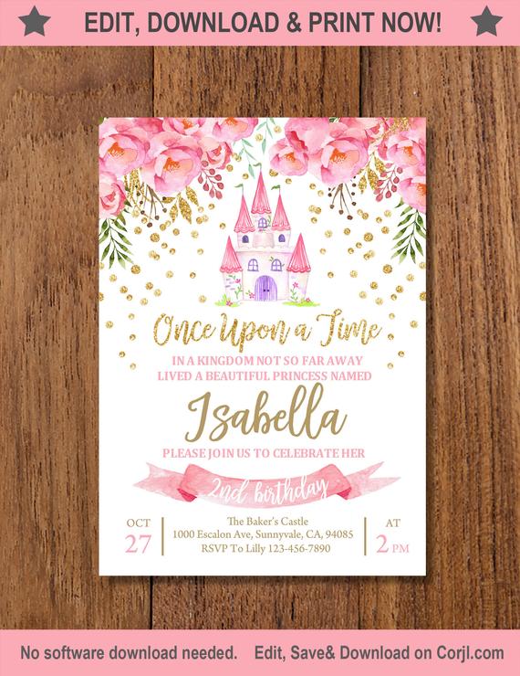 Floral Princess Party Invitation with an illustrated castle
