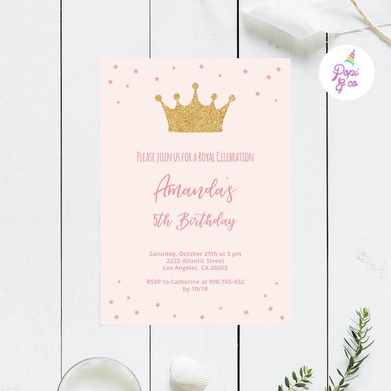 Pink Princess Party Invitation with a gold sparkly crown