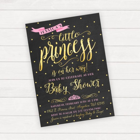 Black pink and gold Baby Shower Princess Party Invitation
