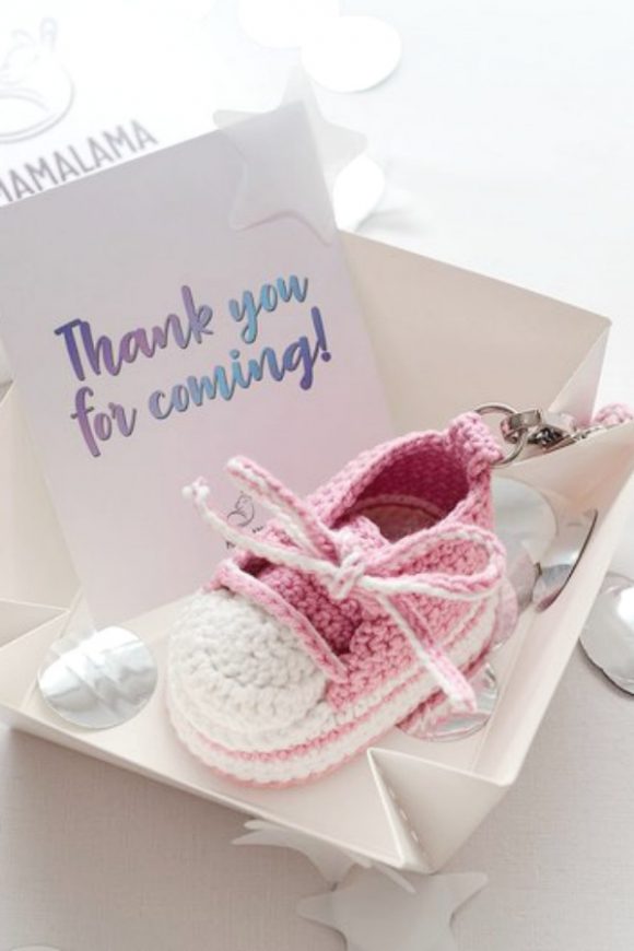Pink crochet baby sneaker bootie keychain girl baby shower party favor