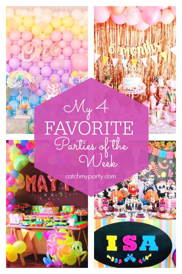 My favorite parties this week include this gorgeous under the sea birthday party, a fabulous glam circus party, a fun neon birthday party, and an awesome Disney Coco birthday party. | CatchMyParty.com Collage with my 4 favorite parties of the week!