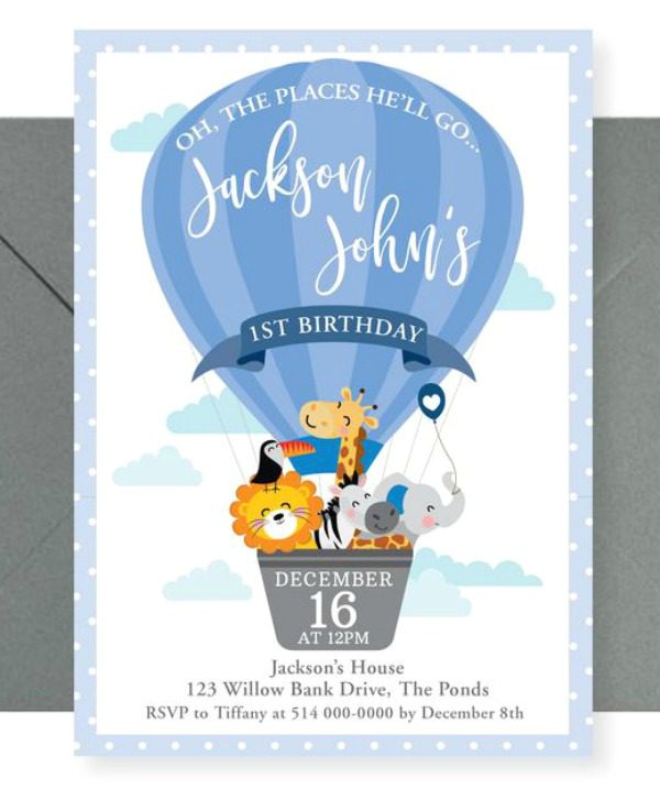 Hot Air Balloon 1st Birthday Party Invitation
