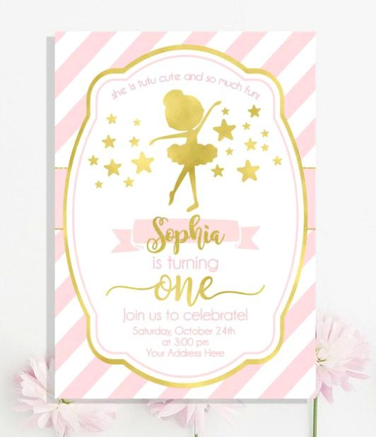 Ballerina 1st Birthday Party Invitation 