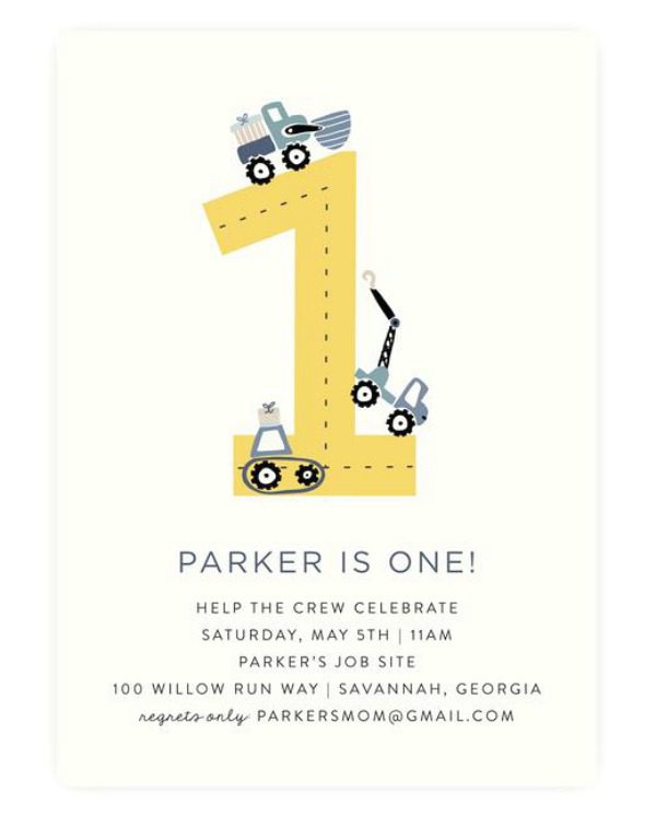 Construction 1st Birthday Party Invitation