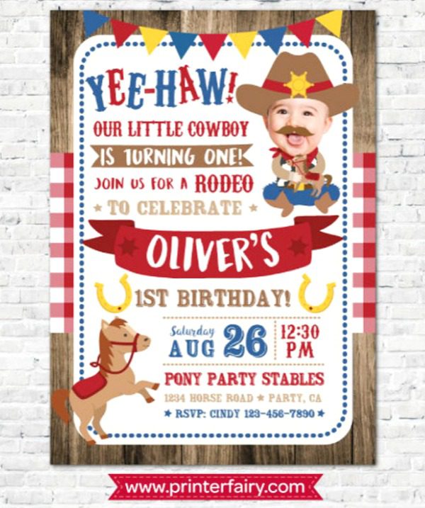 Cowboy 1st Birthday Party Invitation
