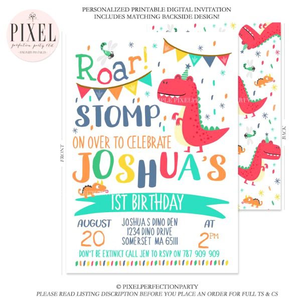 Dinosaur 1st Birthday Party Invitation