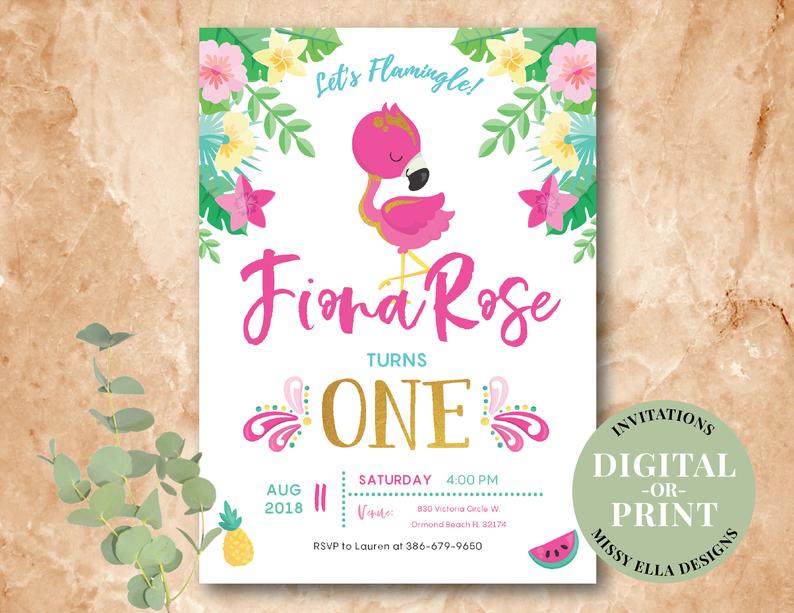 Flamingo 1st Birthday Party Invitation