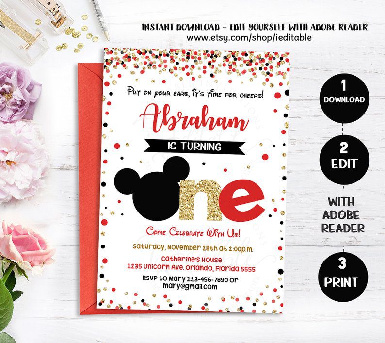 Mickey Mouse 1st Birthday Party Invitation 