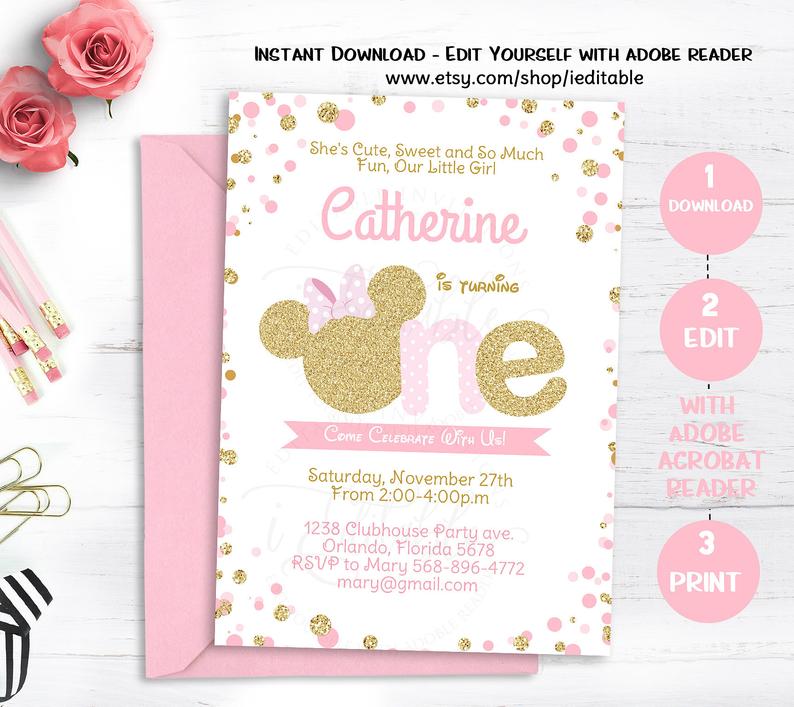 Minnie Mouse 1st Birthday Party Invitation