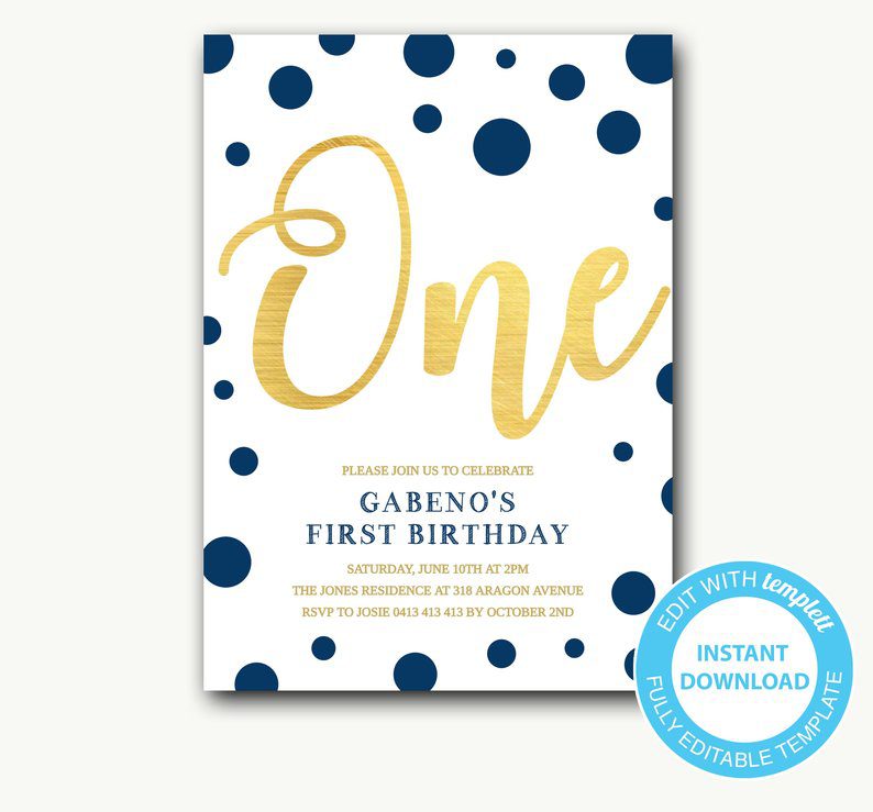 Blue and Gold Boy 1st Birthday Party Invitation