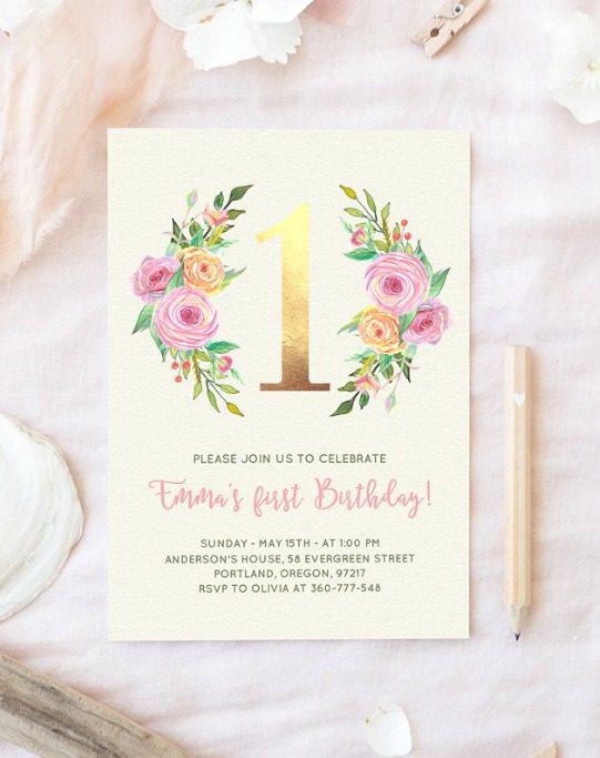 Floral 1st Birthday Party Invitation