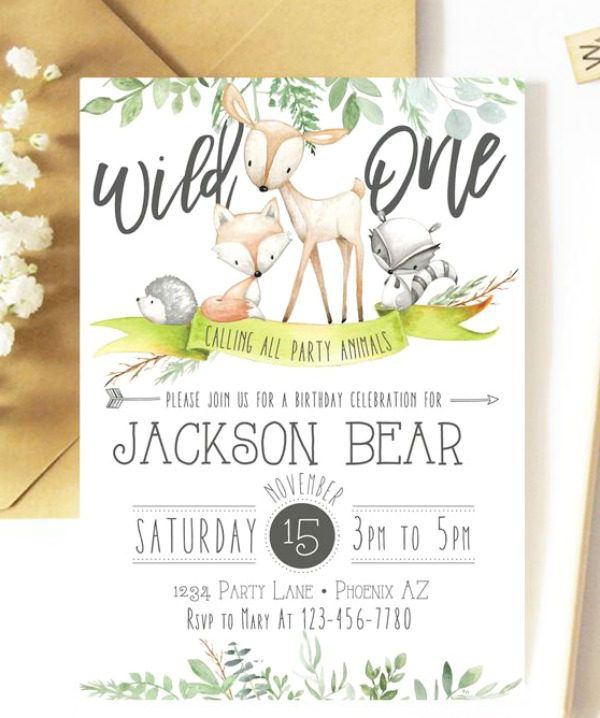 Woodland 1st Birthday Party Invitation