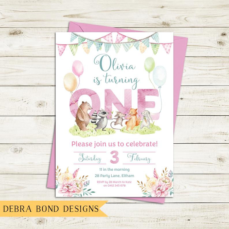 Woodland 1st Birthday Party Invitation