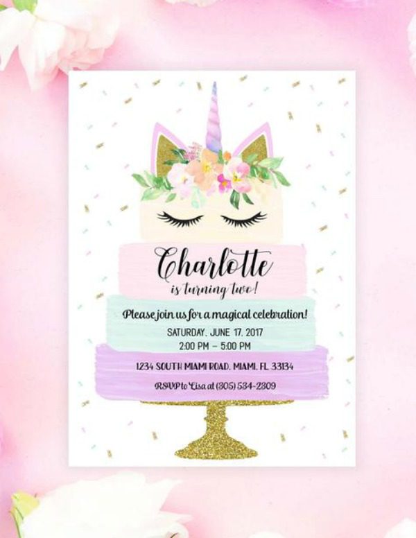 Unicorn Birthday Cake Party Invitation