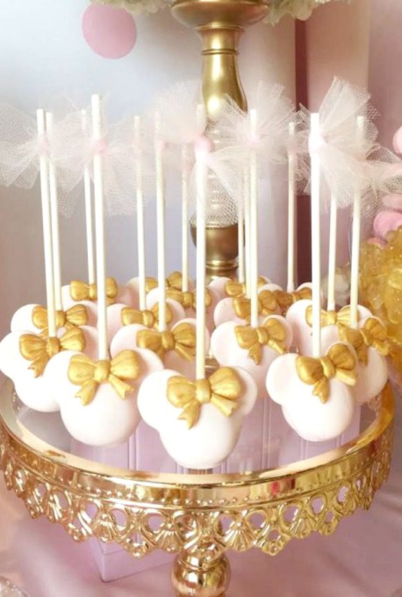 Minnie Mouse Cake pops with pretty gold bows