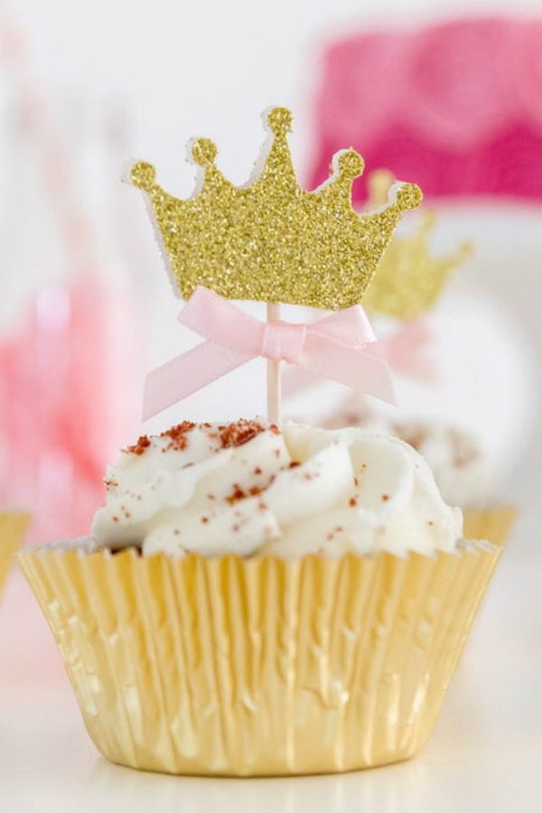 Gold Sparkly Princess Tiara Cupcake Toppers with a pretty pink ribbon