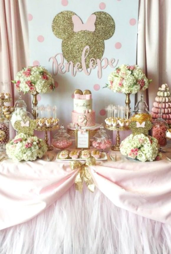 Elegant pink and gold Minnie Mouse dessert table 