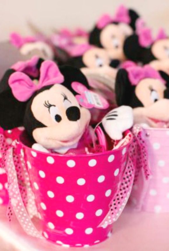 Minnie Mouse Party favor pink buckets with a plush Minnie Mouse