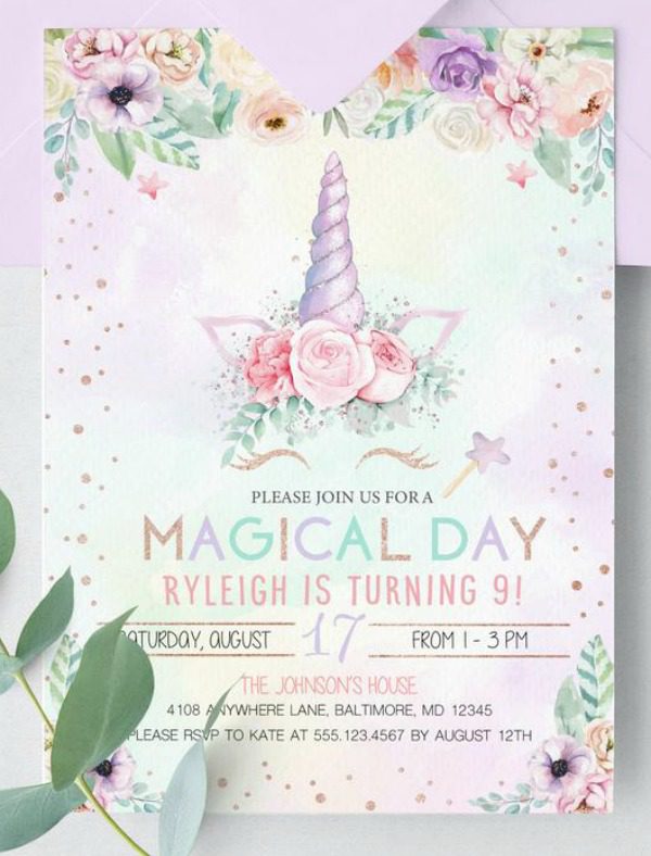 Floral Unicorn Birthday Party Invitation