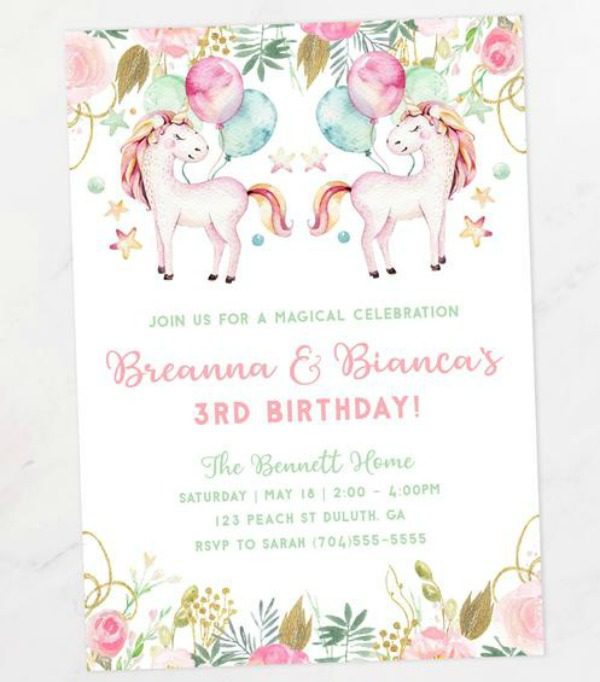 Twins Unicorn Party Invitation