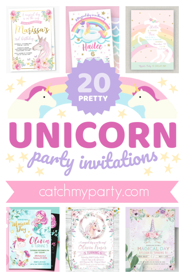 Collage of the 20 prettiest unicorn party invitations