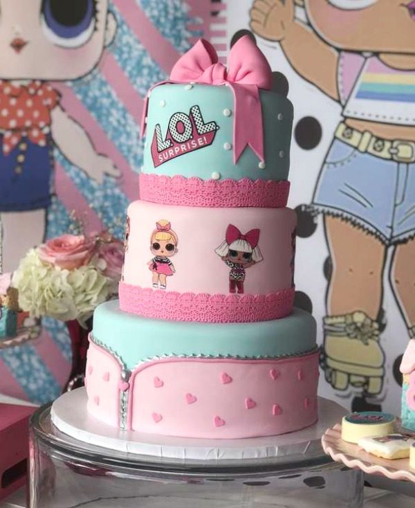 Pink and Turquoise Tiered LOL Surprise Dolls Birthday Cake