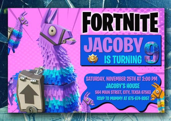 Fortnite Loot Llama Birthday Party Invitation 