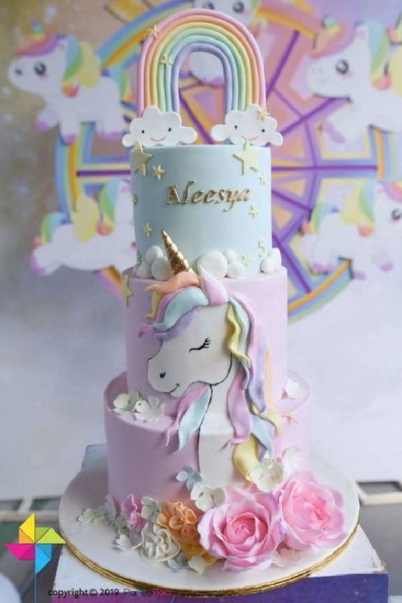 Floral Rainbow Unicorn Birthday Cake