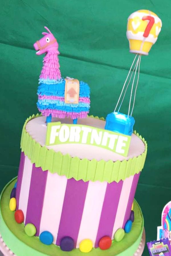 Awesome Fortnite birthday cake topped with a llama pinata and a supply dropbox